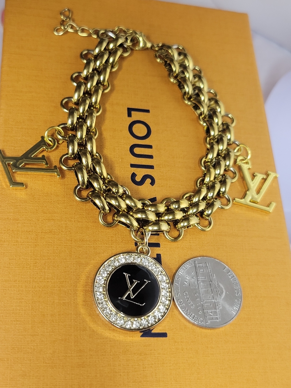 Gold Plated Multi Charm LV zip Pull Bracelet, Adjustable